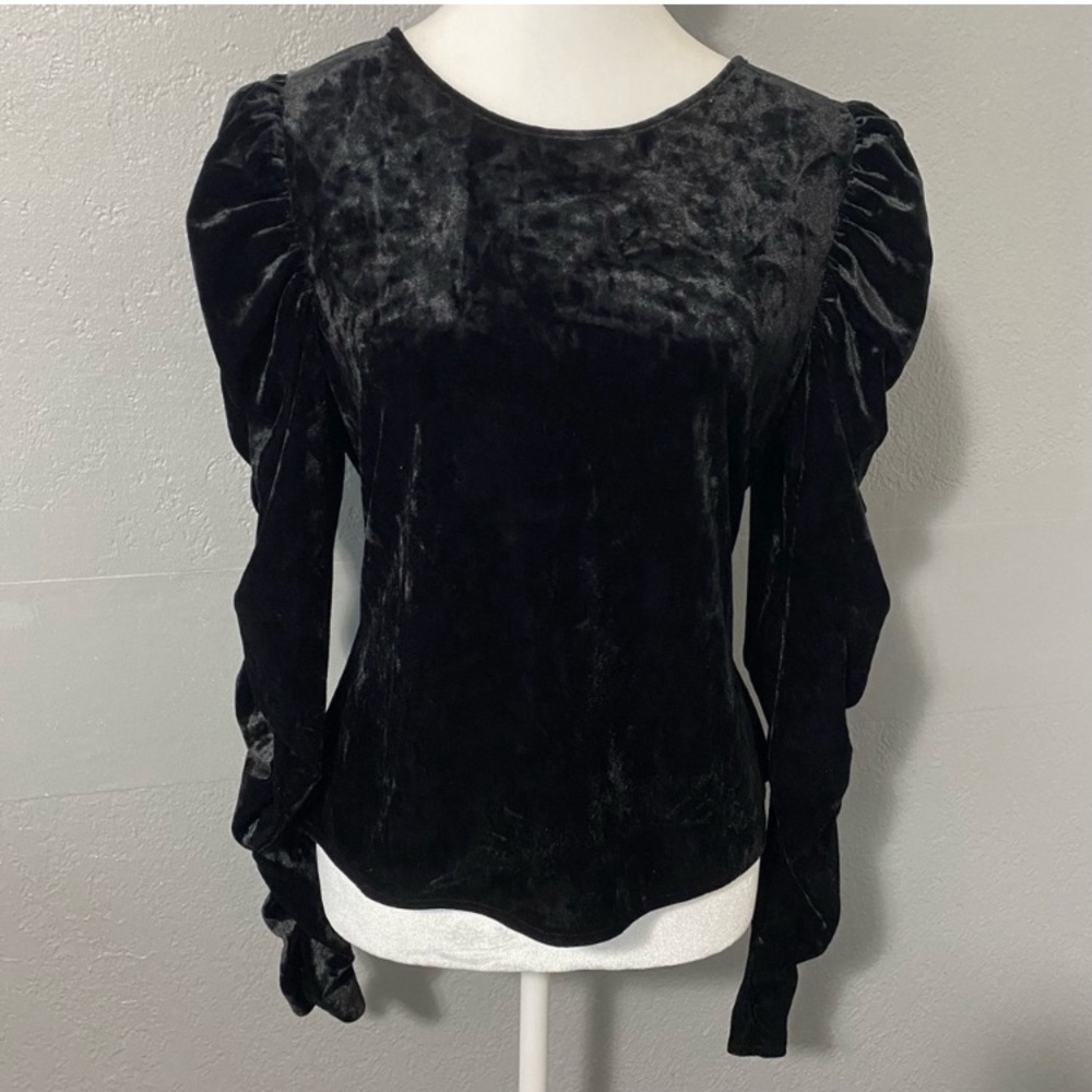 Andrew Marc NY black velour puff ruched long sleeve top holiday cocktail Large